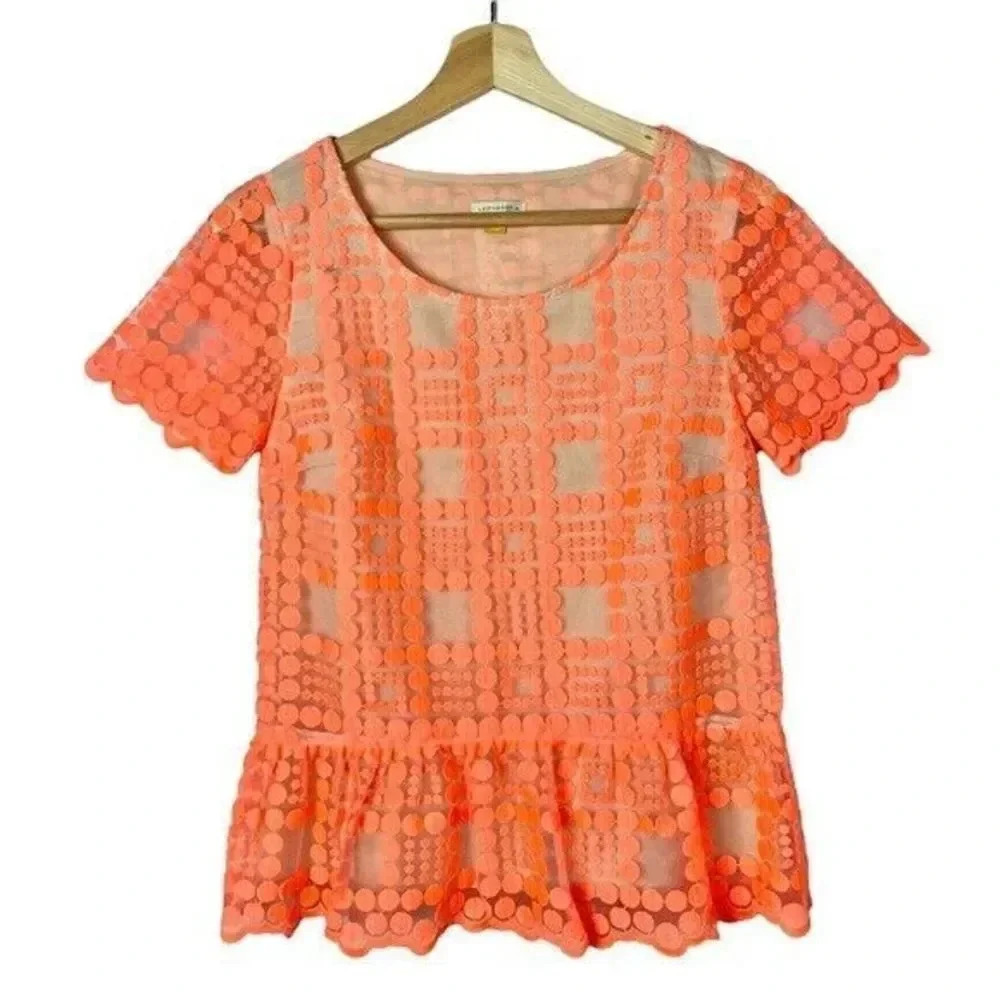 Anthropologie Leifsdottir Neon Orange Lacepane Peplum Blouse 0